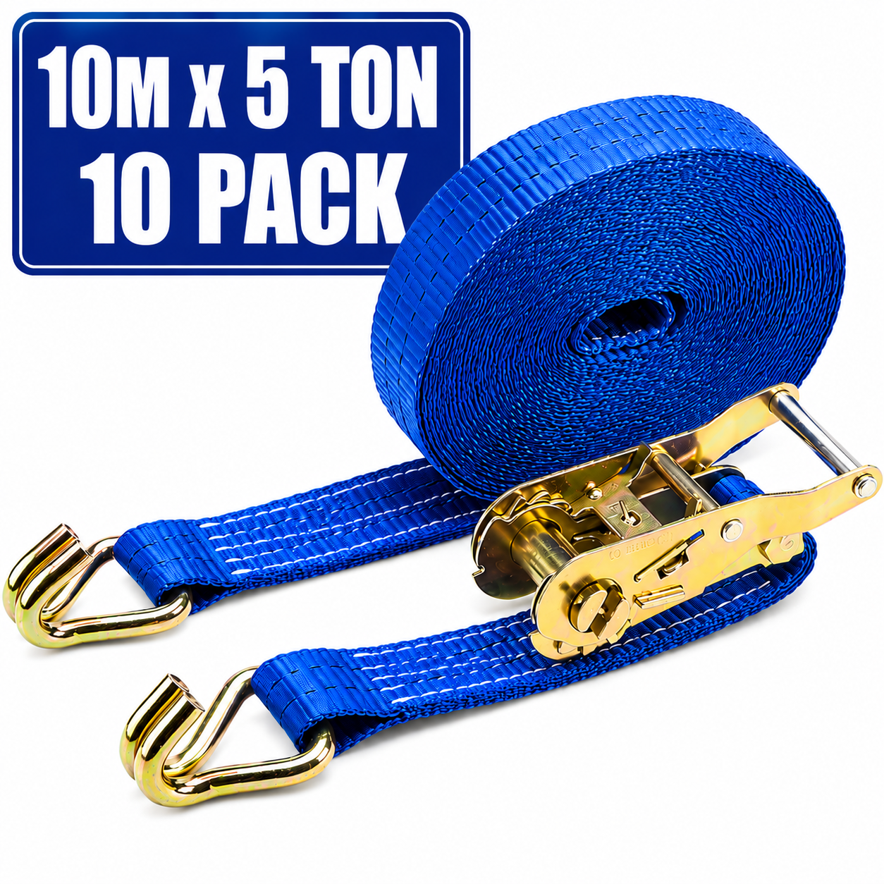 Heavy duty 10 metre 5 ton ratchet straps with steel ratchet mechanism and double J hooks supplied in a box of 10 for load securing in Ireland