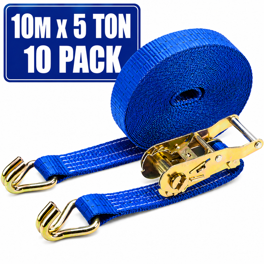 Heavy duty 10 metre 5 ton ratchet straps with steel ratchet mechanism and double J hooks supplied in a box of 10 for load securing in Ireland