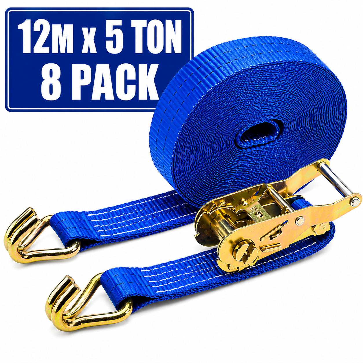 Heavy duty 12 metre 5 ton ratchet straps with steel ratchet mechanism and double J hooks supplied in a box of 8 for load securing in Ireland