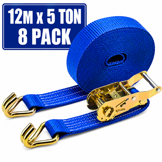 Heavy duty 12 metre 5 ton ratchet straps with steel ratchet mechanism and double J hooks supplied in a box of 8 for load securing in Ireland