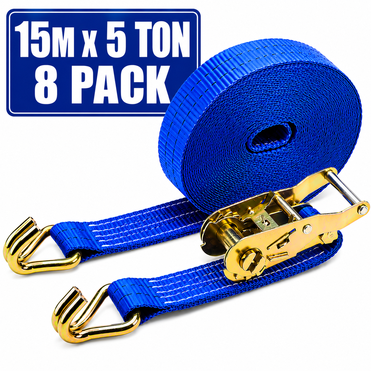 Heavy duty 15 metre 5 ton ratchet straps with steel ratchet mechanism and double J hooks supplied in a box of 8 for load securing in Ireland