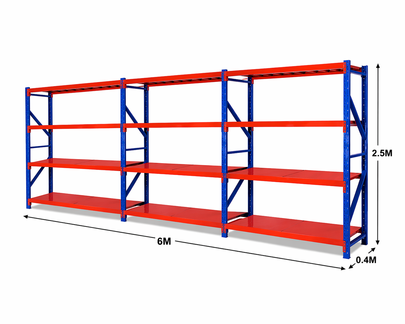 Red and blue storage rack with dimensions on a white background