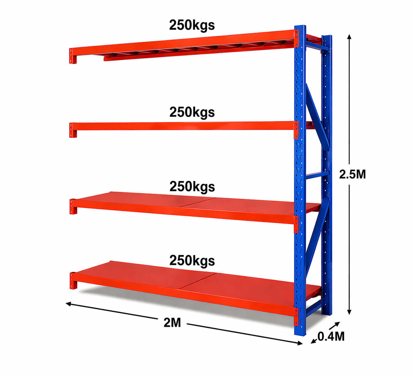 Red storage shelves with blue support structure and measurements on a white background