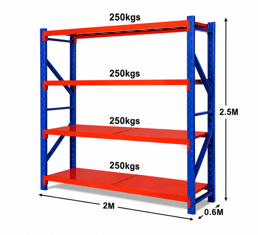 Longspan Shelving Starter Bay 2500 x 2000 x 600mm – 4 Tier With Metal Shelves