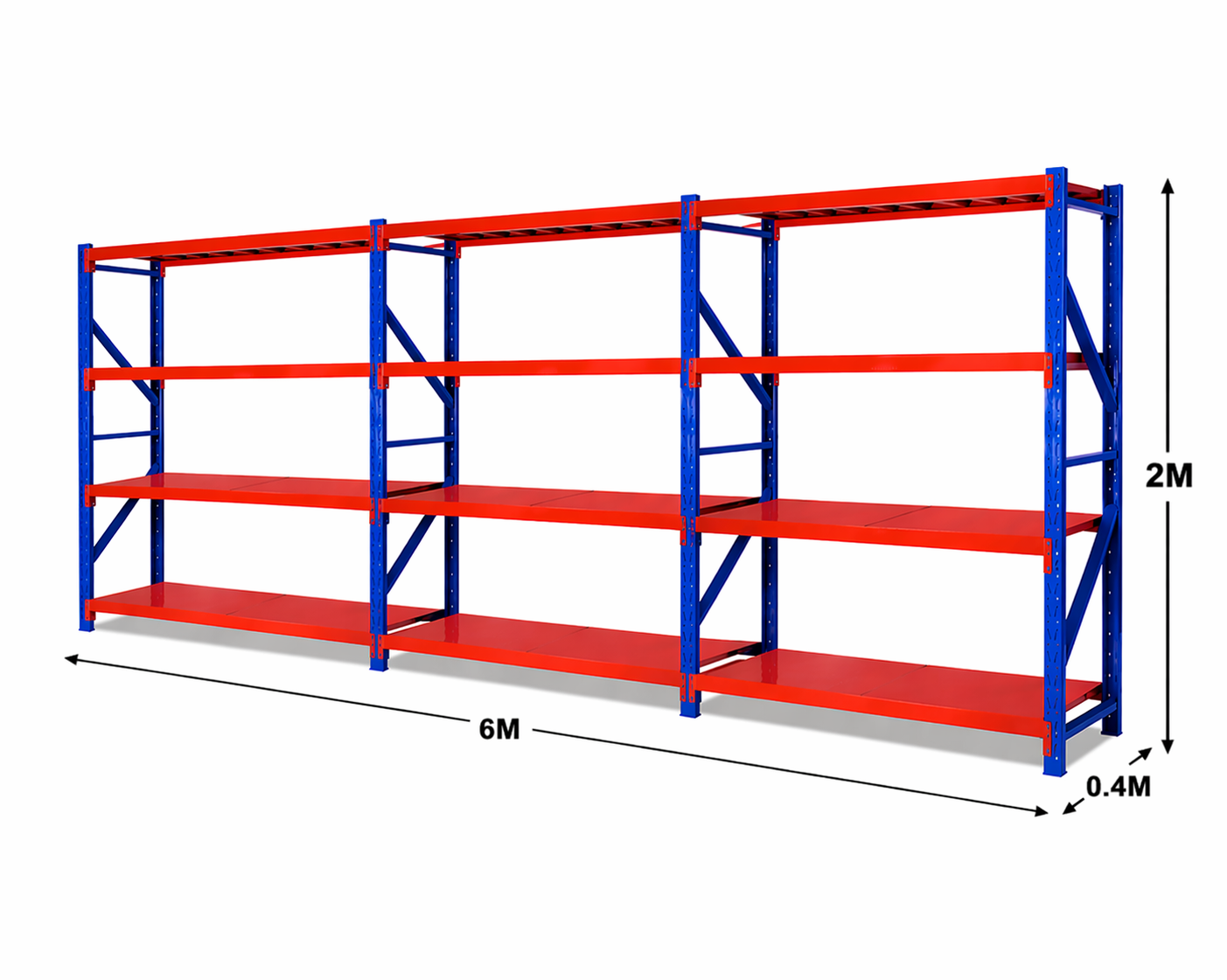 Red and blue storage rack with dimensions on a white background