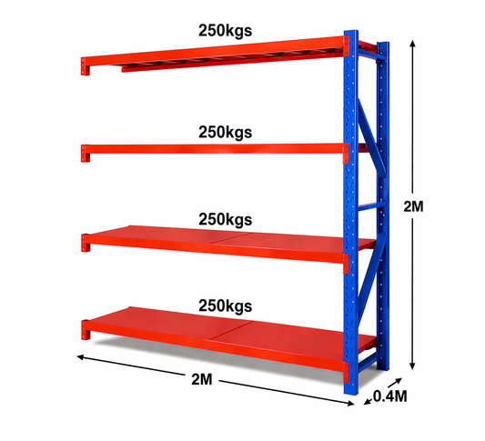 Red metal shelving unit with blue support structure, labeled with weight capacity and dimensions on a white background.