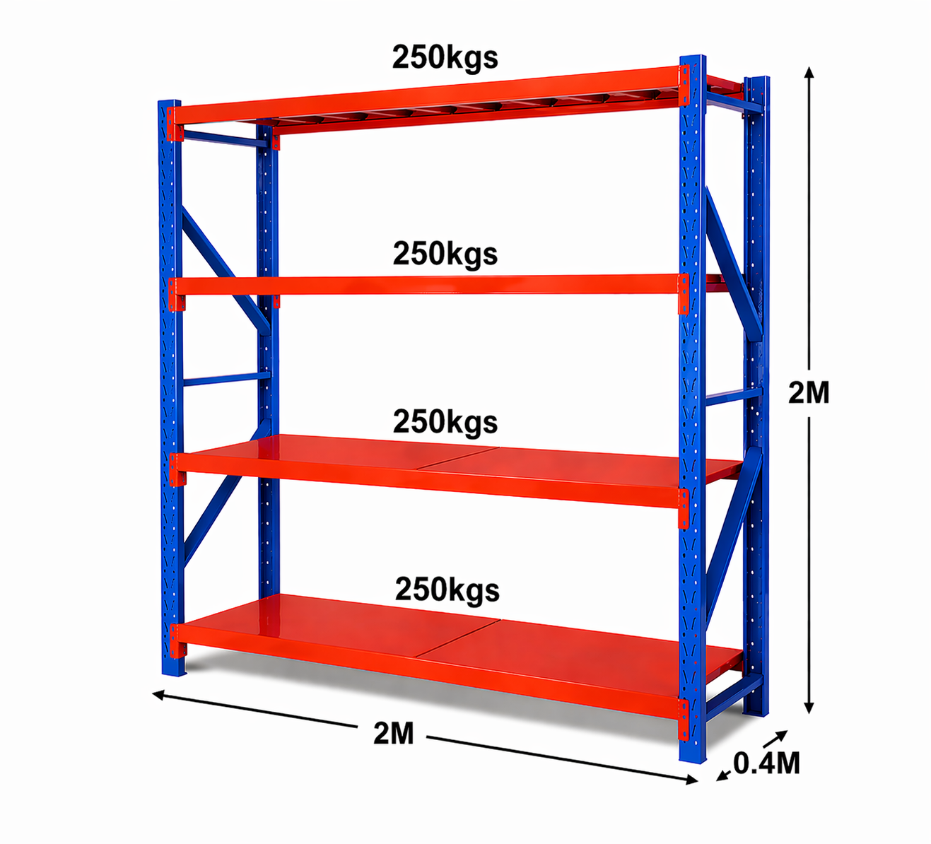Red shelving unit with blue frame and dimensions on a white background