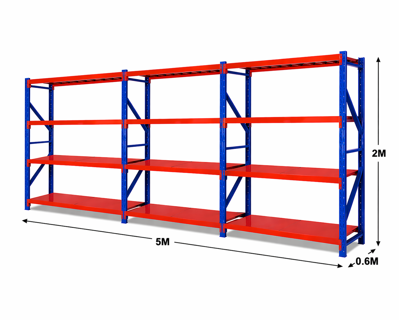 Red and blue storage rack with dimensions on a white background