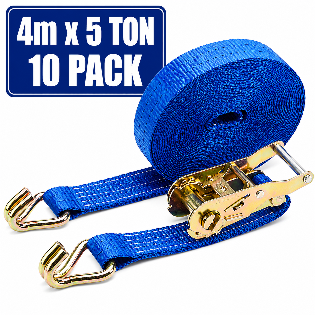 Heavy duty 4 metre 5 ton ratchet straps with steel ratchet and J hooks supplied in a box of 10 for load securing in Ireland