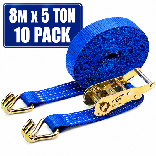Heavy duty 8 metre 5 ton ratchet straps with steel ratchet mechanism and double J hooks supplied in a box of 10 for load securing in Ireland