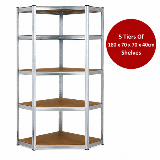 Boltless 5 Layer Corner Shelving / Racking Unit - 180 x 70 x 70 x 40cm