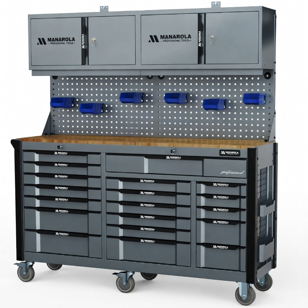 Professional 19 Drawer Toolbox / Toolchest With Pegboard + 2x Upper Cabinets