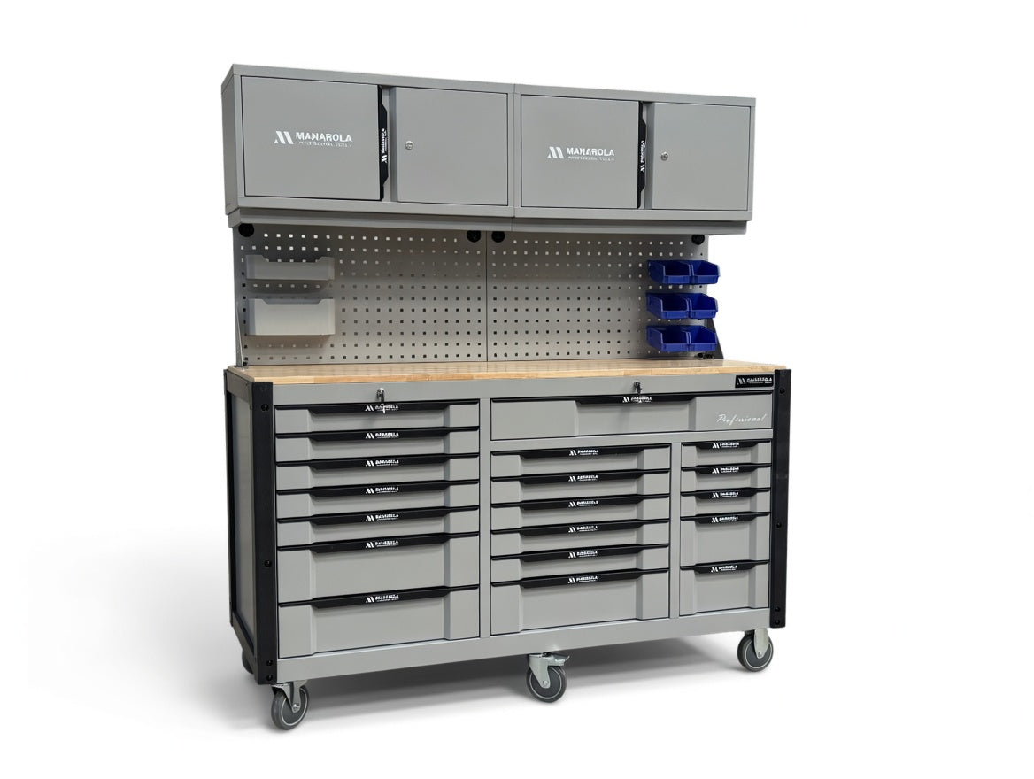 Professional 19 Drawer Toolbox / Toolchest With Pegboard + 2x Upper Cabinets