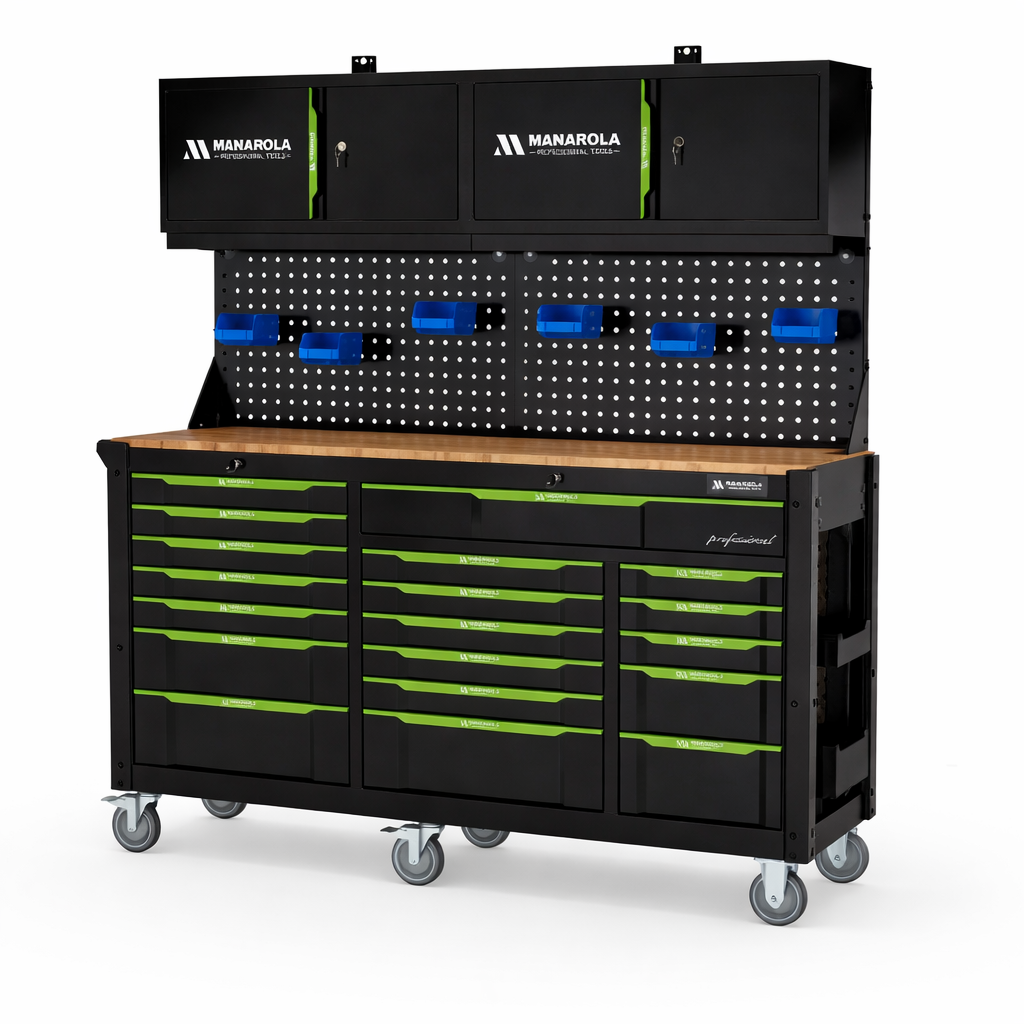 Professional 19 Drawer Toolbox / Toolchest With Pegboard + 2x Upper Cabinets