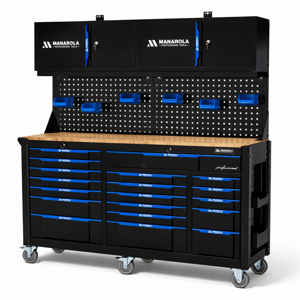 Professional 19 Drawer Toolbox / Toolchest With Pegboard + 2x Upper Cabinets