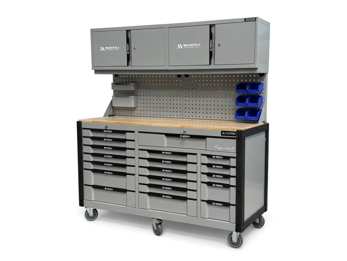 Professional 19 Drawer Toolbox / Toolchest With Pegboard + 2x Upper Cabinets