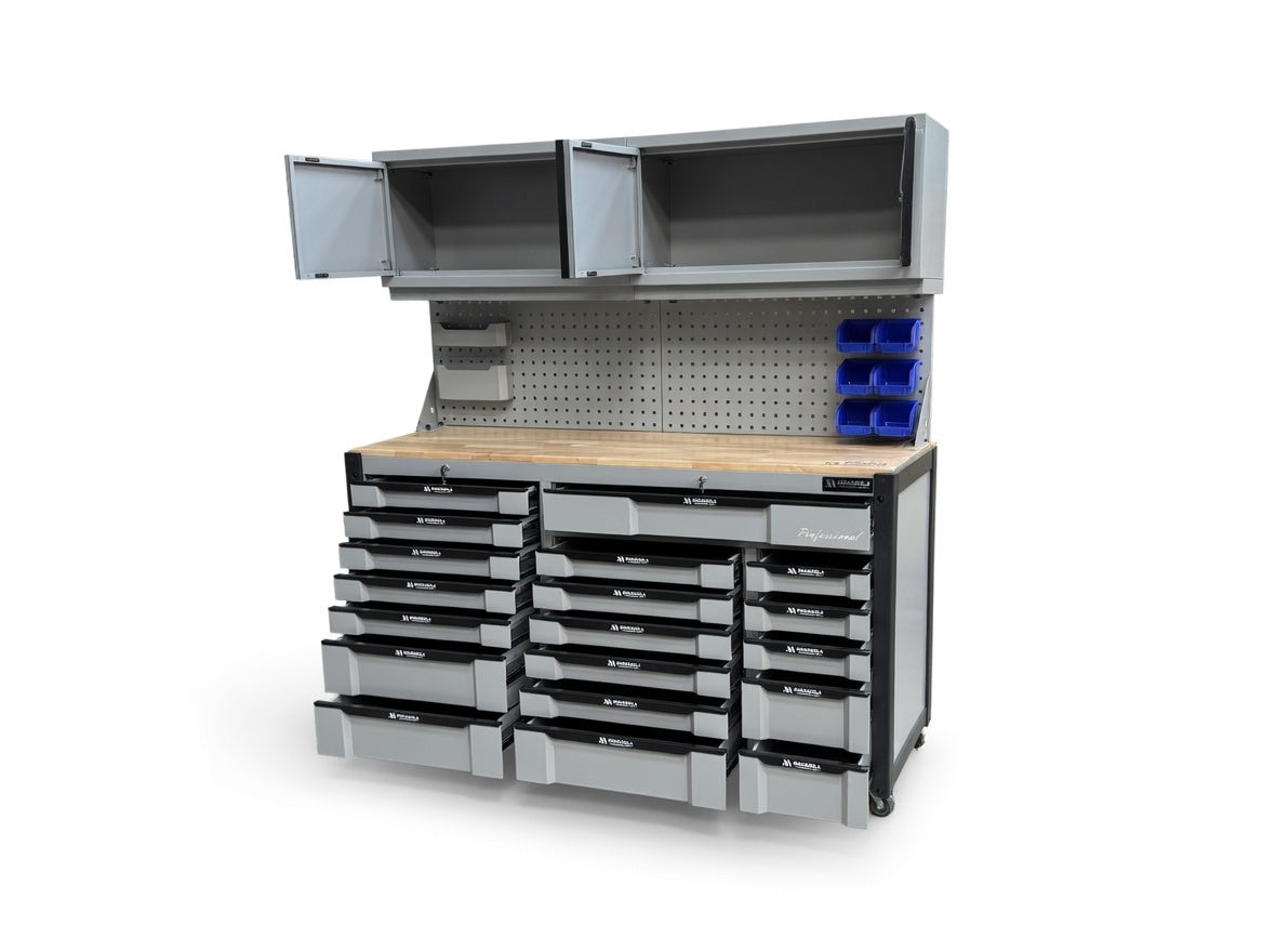 Professional 19 Drawer Toolbox / Toolchest With Pegboard + 2x Upper Cabinets