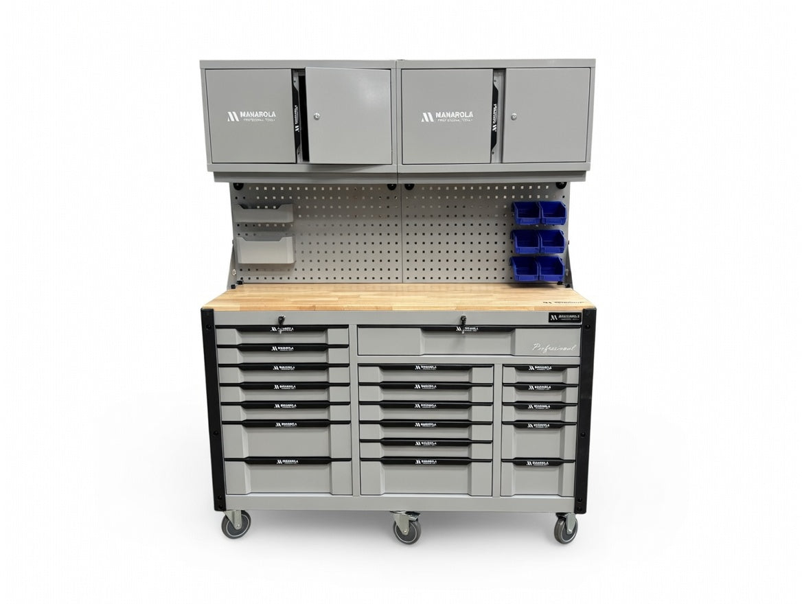 Professional 19 Drawer Toolbox / Toolchest With Pegboard + 2x Upper Cabinets